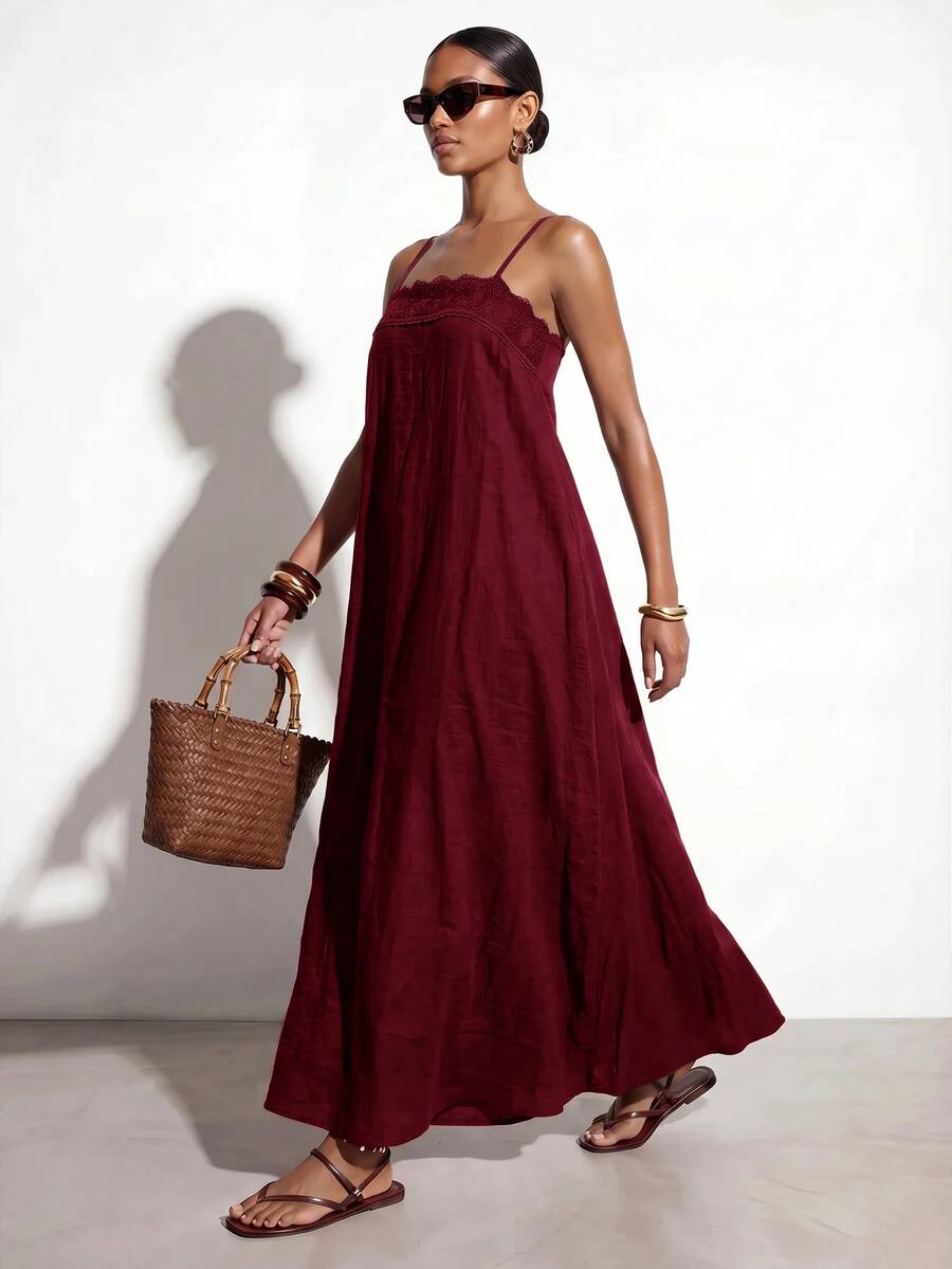 Vestido Longo Solto de Alças Finas com Babado - La Lecce