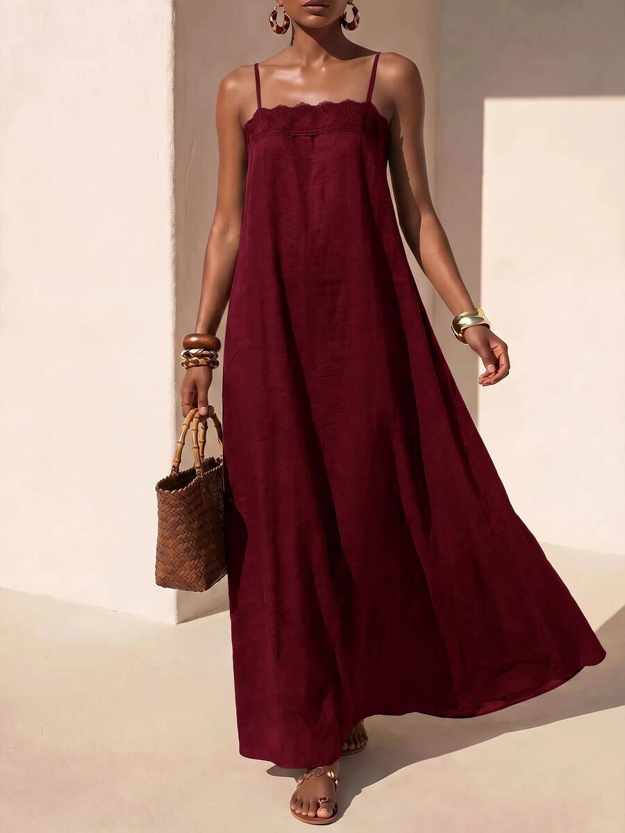 Vestido Longo Solto de Alças Finas com Babado - La Lecce
