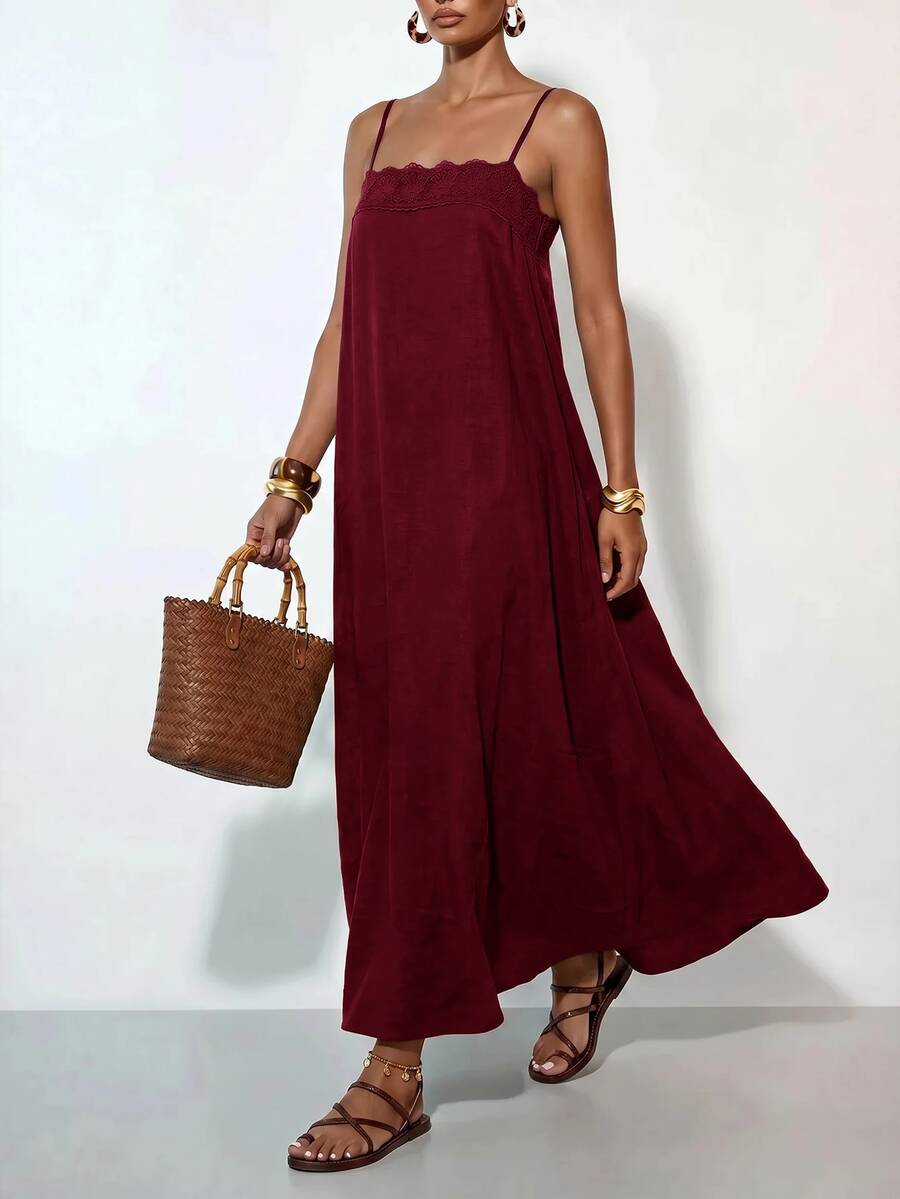 Vestido Longo Solto de Alças Finas com Babado - La Lecce