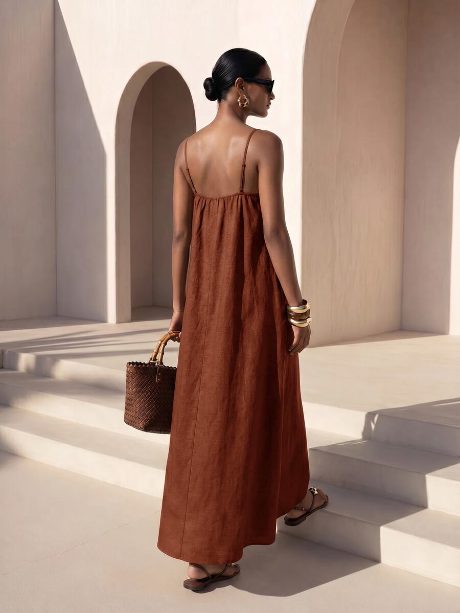 Vestido Longo Solto de Alças Finas com Babado - La Lecce