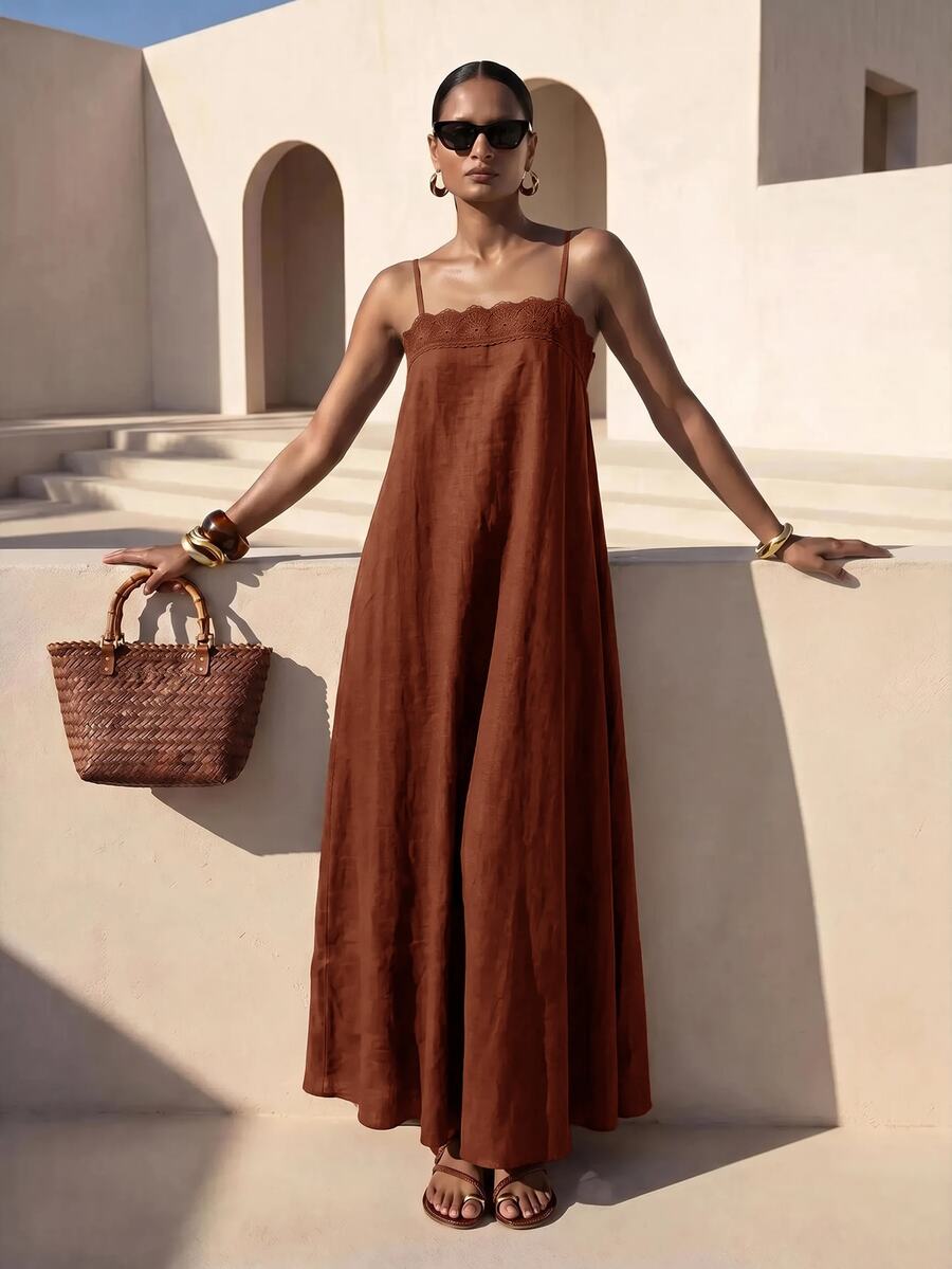 Vestido Longo Solto de Alças Finas com Babado - La Lecce