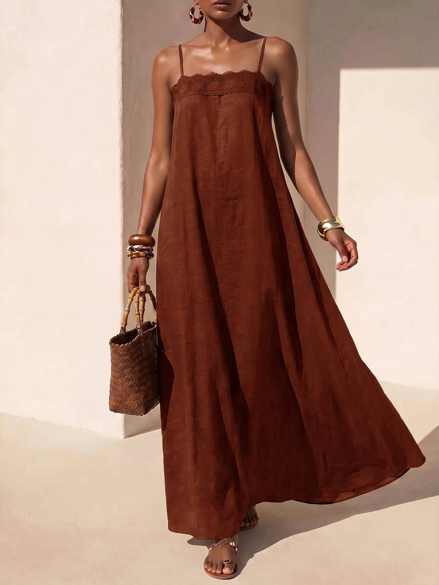 Vestido Longo Solto de Alças Finas com Babado - La Lecce