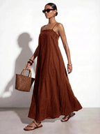 Vestido Longo Solto de Alças Finas com Babado - La Lecce
