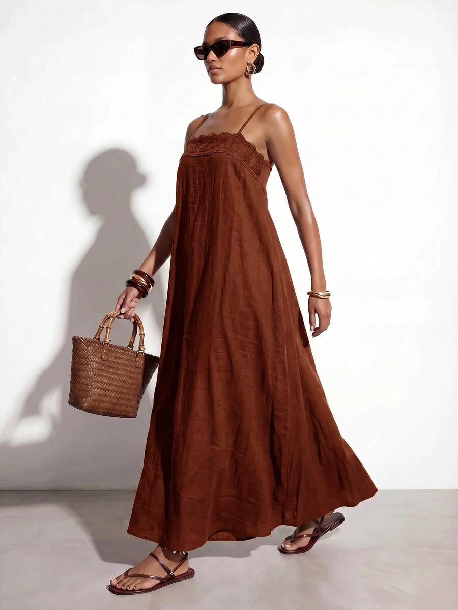 Vestido Longo Solto de Alças Finas com Babado - La Lecce
