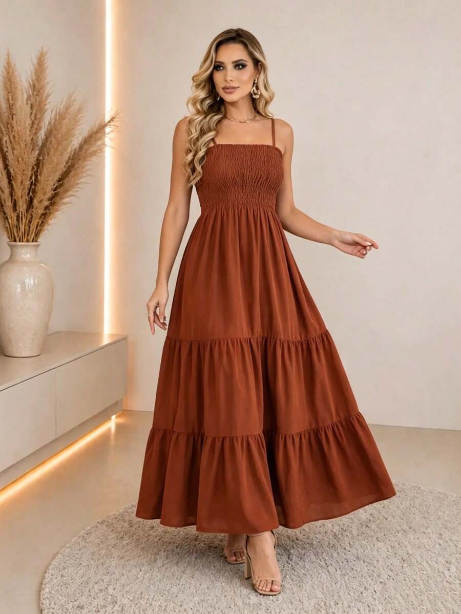 Vestido Longo Boho de Alças com Franzido em Camadas