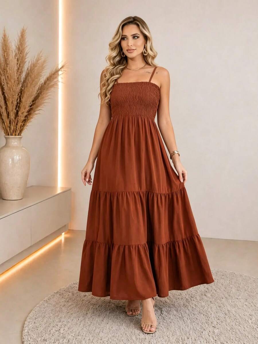 Vestido Longo Boho de Alças com Franzido em Camadas