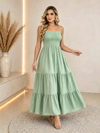 Vestido Longo Boho de Alças com Franzido em Camadas