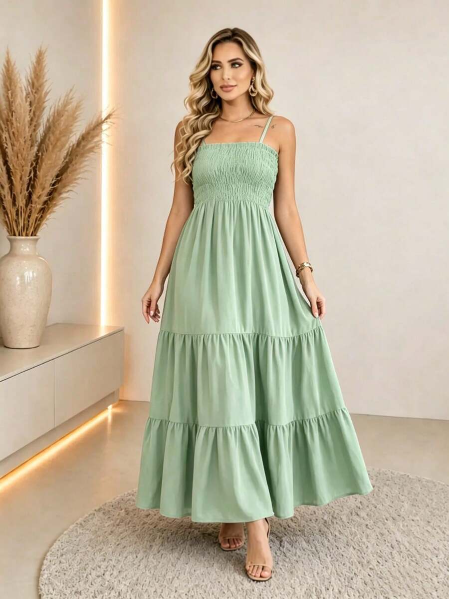 Vestido Longo Boho de Alças com Franzido em Camadas