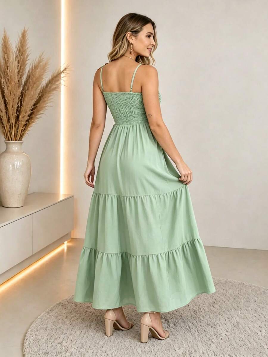 Vestido Longo Boho de Alças com Franzido em Camadas