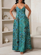 Vestido Longo Floral Decote V com Aplicação de Rosa 3D