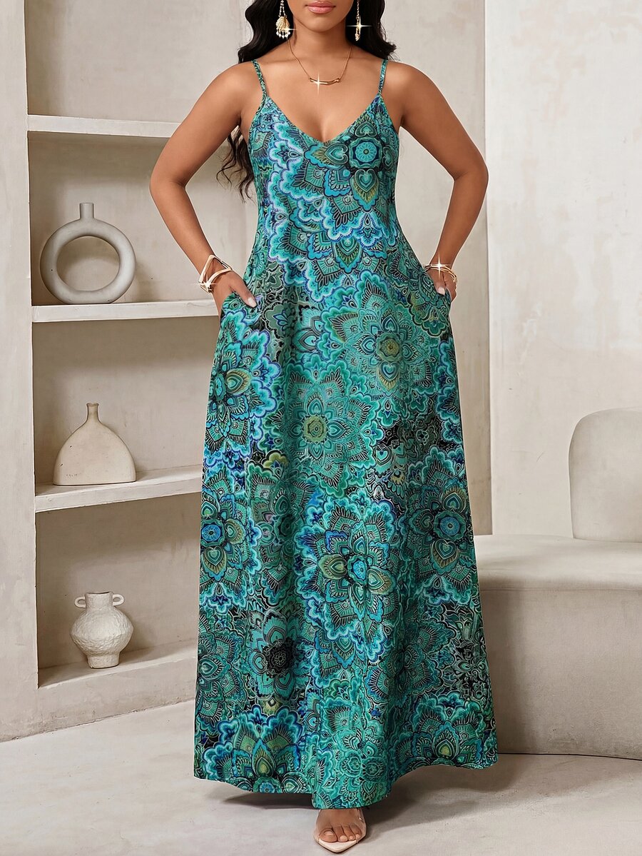 Vestido Longo Floral Decote V com Aplicação de Rosa 3D