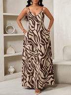 Vestido Maxi de Alças com Estampa Geométrica e Bolsos
