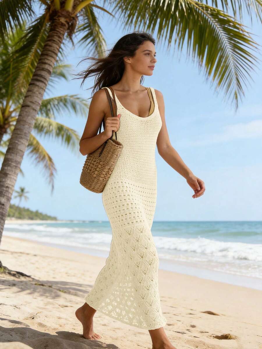 Vestido Saída de Praia Longo em Tricô com Costas Abertas - La Lecce