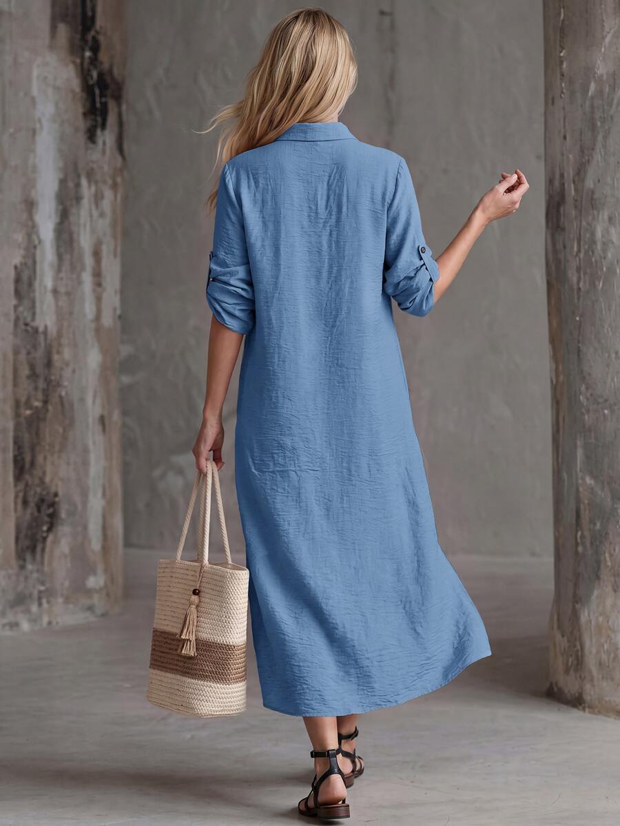Vestido Saída de Praia Chemise Midi com Botões e Manga Dobrável - La Lecce