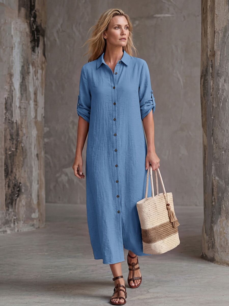 Vestido Saída de Praia Chemise Midi com Botões e Manga Dobrável