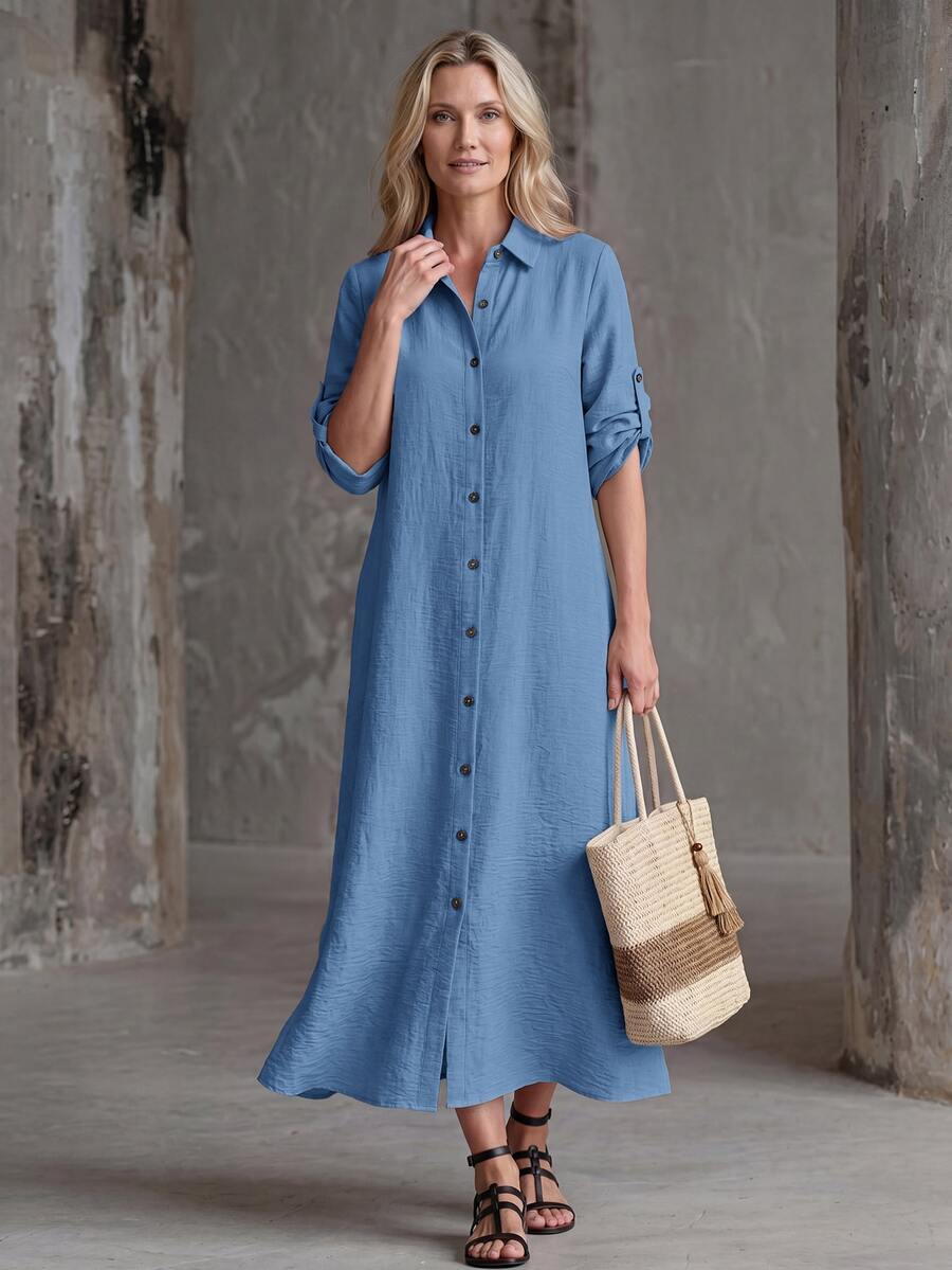 Vestido Saída de Praia Chemise Midi com Botões e Manga Dobrável
