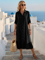 Vestido Saída de Praia Chemise Midi com Botões e Manga Dobrável