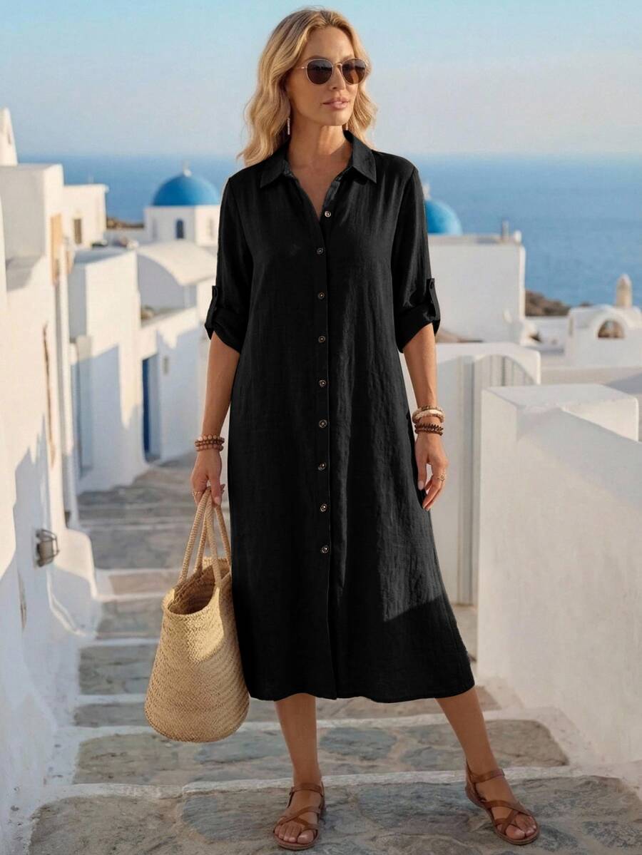 Vestido Saída de Praia Chemise Midi com Botões e Manga Dobrável