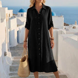 Vestido Saída de Praia Chemise Midi com Botões e Manga Dobrável