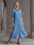 Vestido Saída de Praia Chemise Midi com Botões e Manga Dobrável