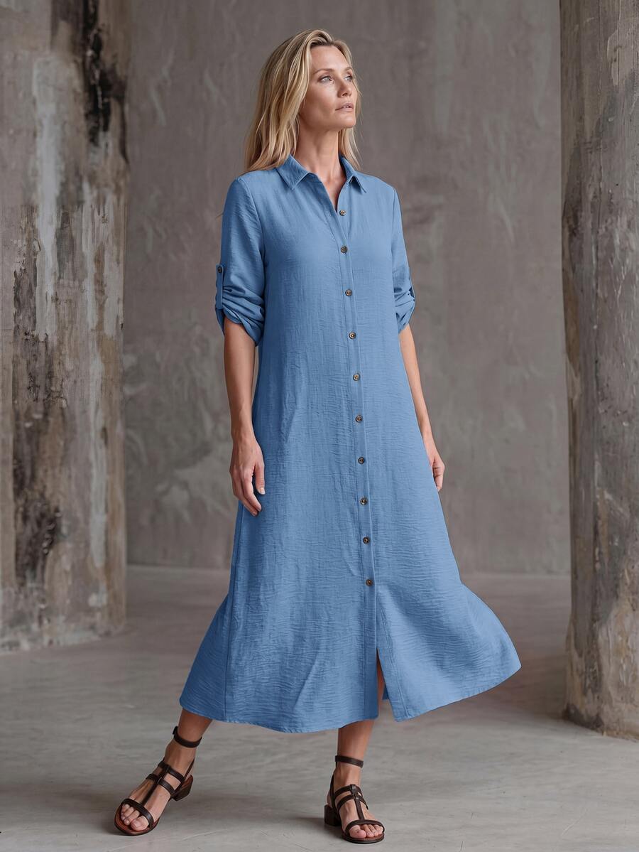 Vestido Saída de Praia Chemise Midi com Botões e Manga Dobrável