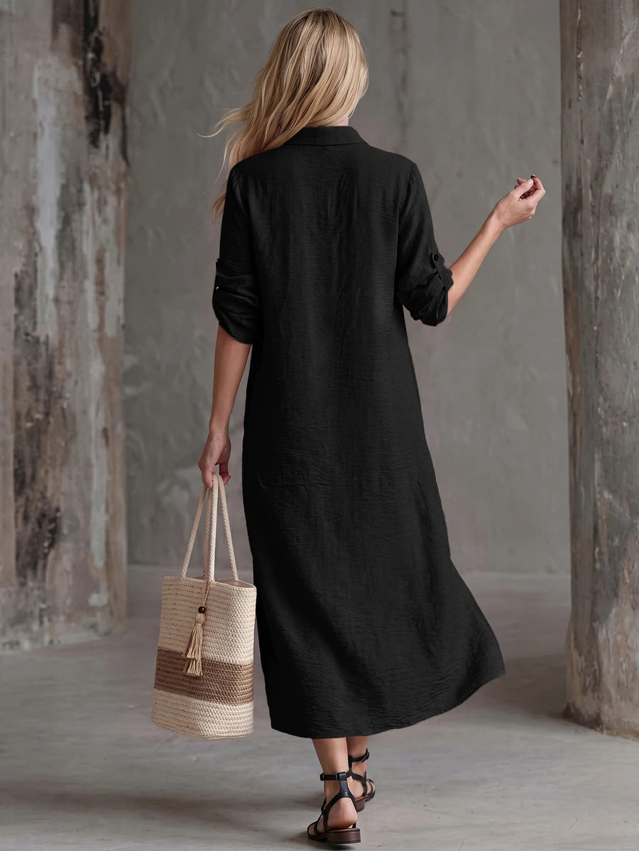 Vestido Saída de Praia Chemise Midi com Botões e Manga Dobrável