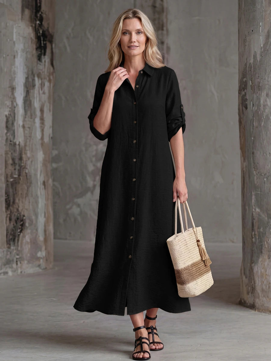 Vestido Saída de Praia Chemise Midi com Botões e Manga Dobrável