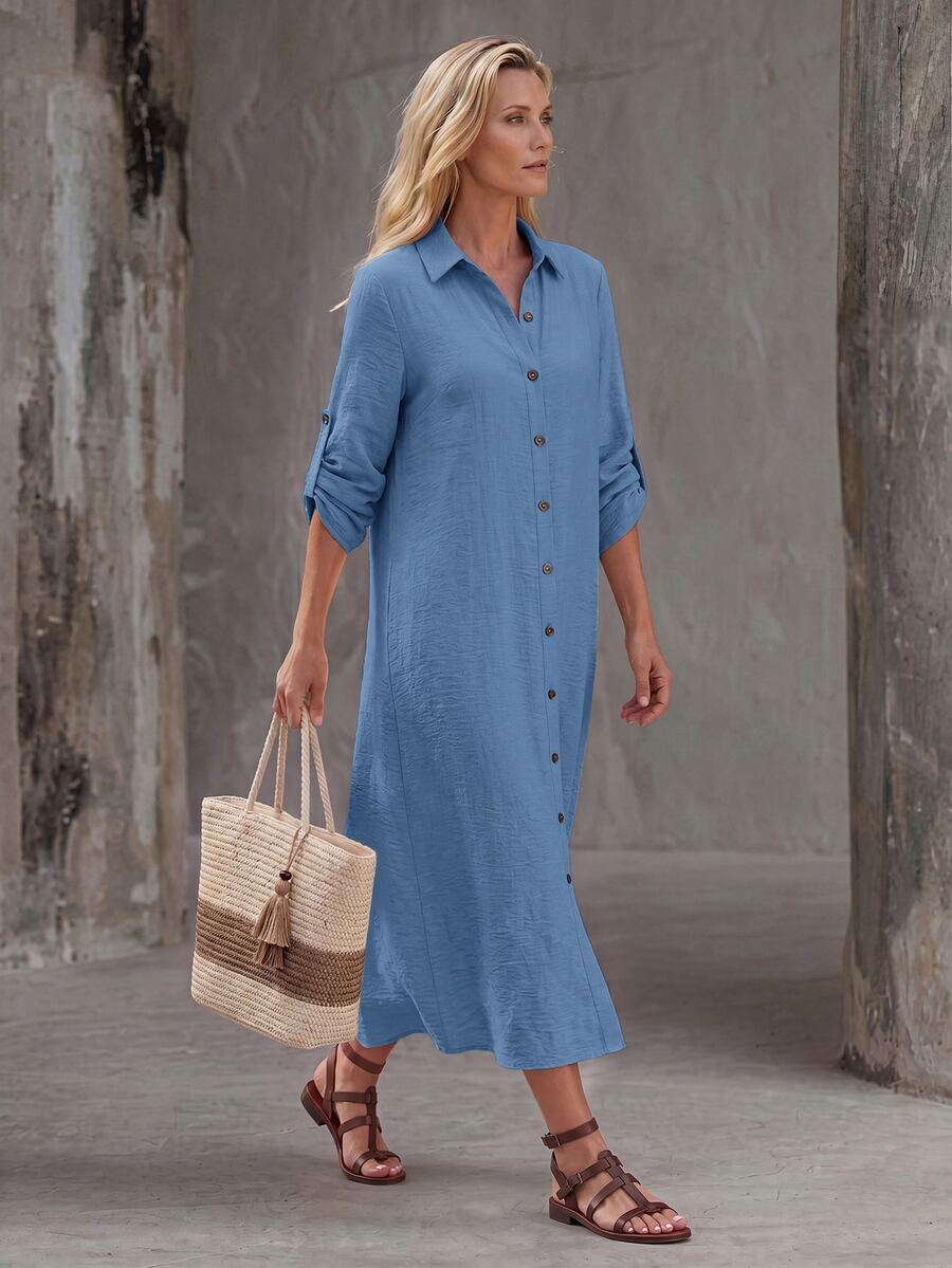 Vestido Saída de Praia Chemise Midi com Botões e Manga Dobrável