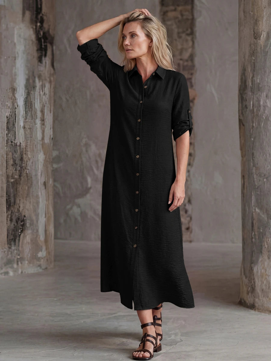 Vestido Saída de Praia Chemise Midi com Botões e Manga Dobrável