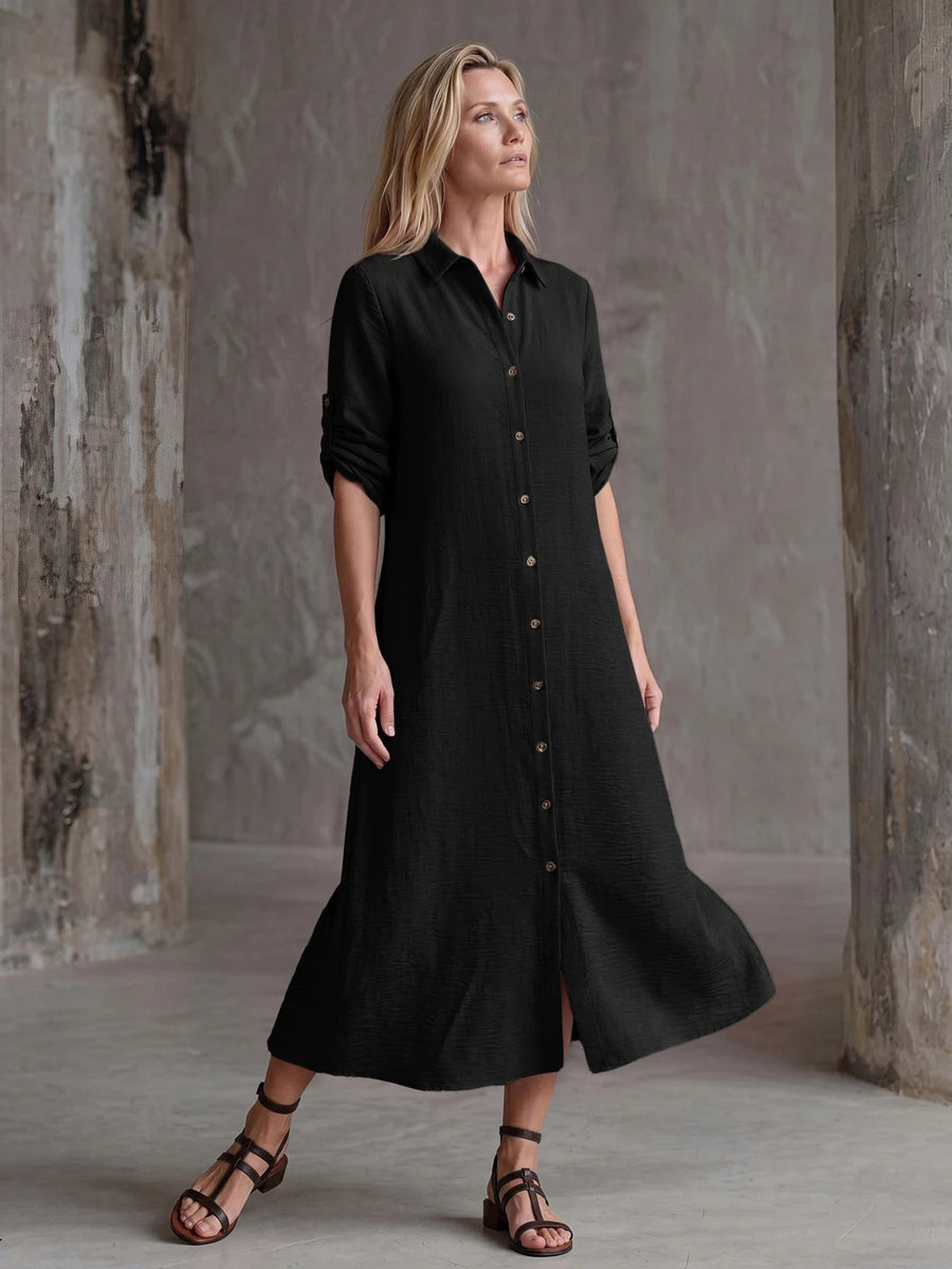 Vestido Saída de Praia Chemise Midi com Botões e Manga Dobrável