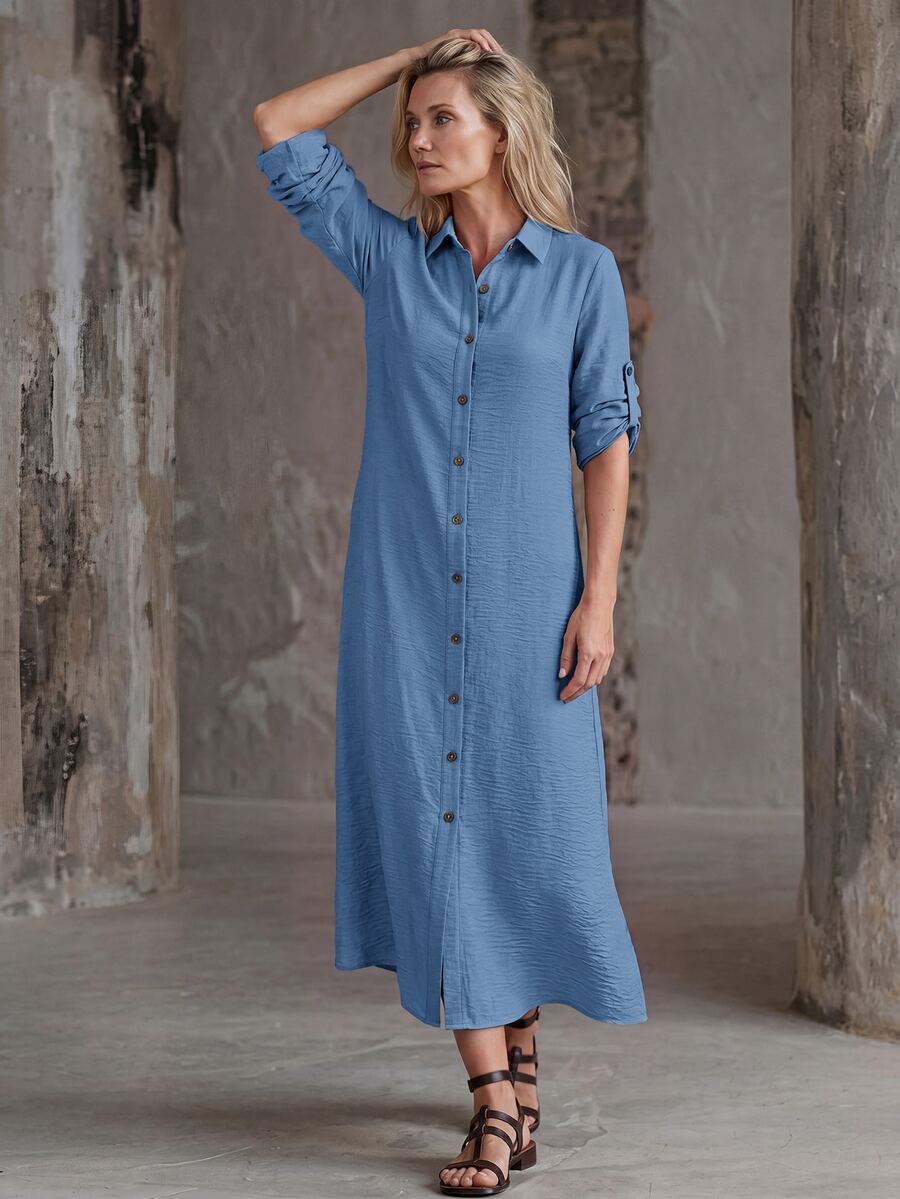Vestido Saída de Praia Chemise Midi com Botões e Manga Dobrável