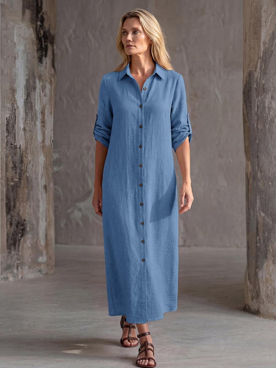 Vestido Saída de Praia Chemise Midi com Botões e Manga Dobrável