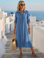 Vestido Saída de Praia Chemise Midi com Botões e Manga Dobrável - La Lecce