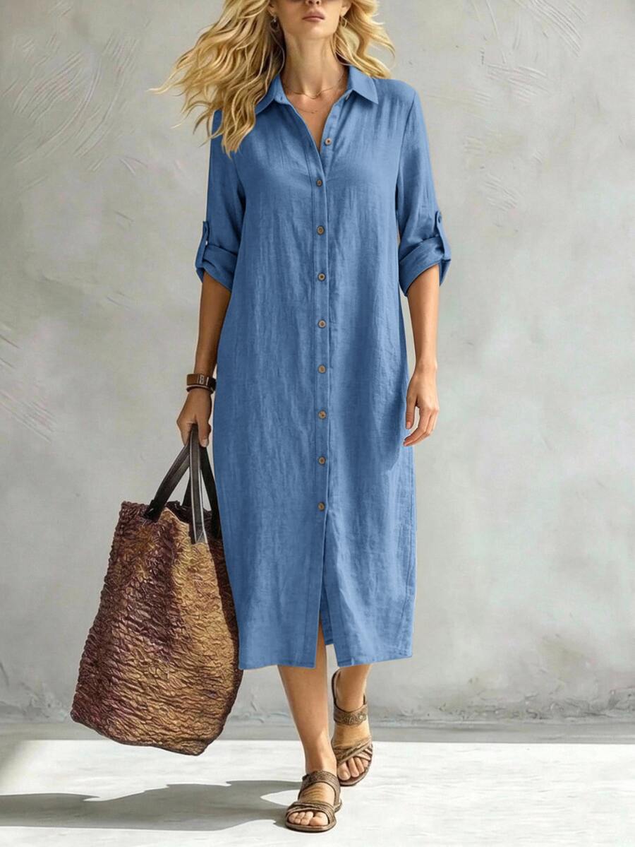 Vestido Saída de Praia Chemise Midi com Botões e Manga Dobrável