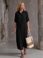 Vestido Saída de Praia Chemise Midi com Botões e Manga Dobrável