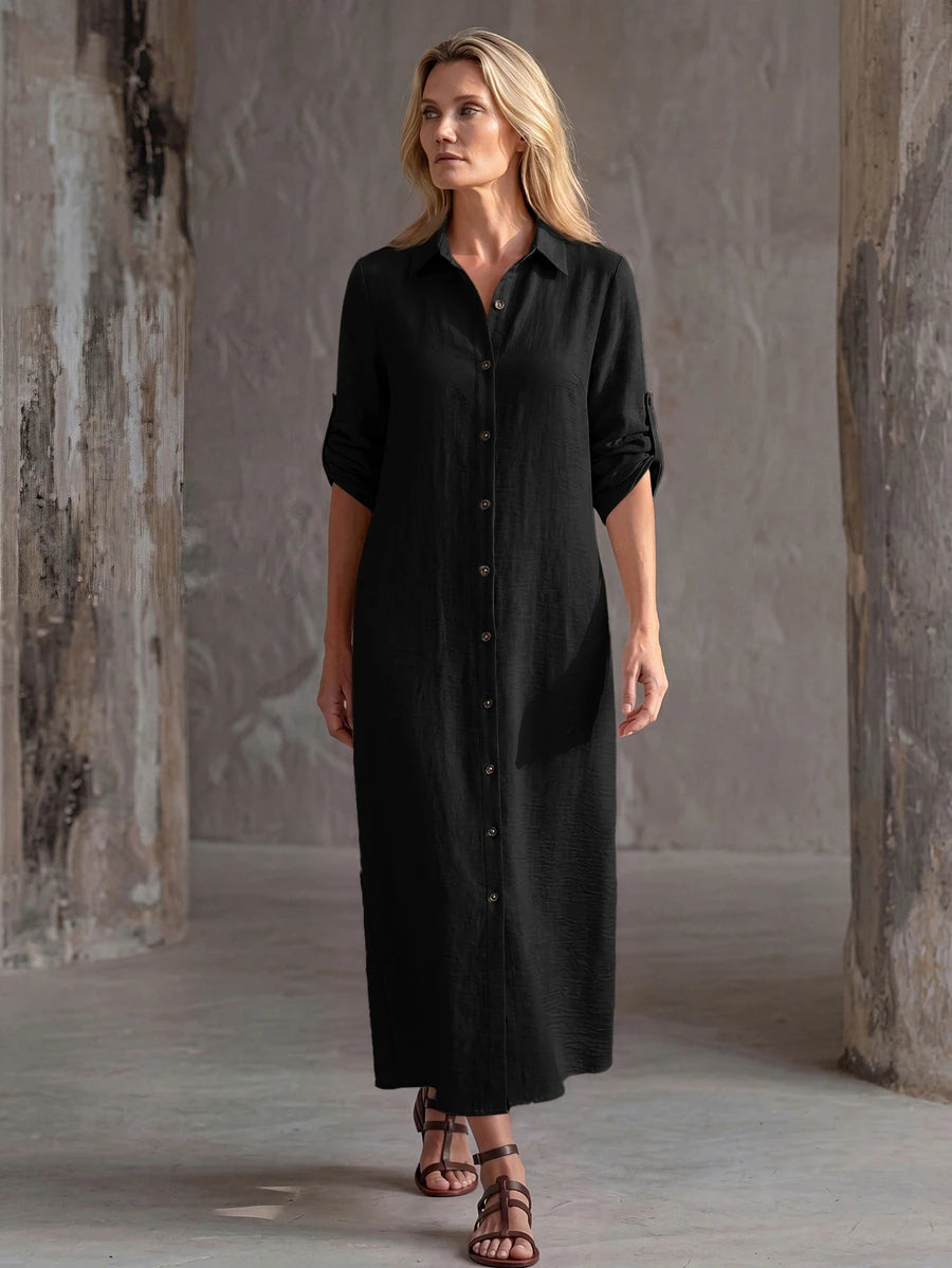 Vestido Saída de Praia Chemise Midi com Botões e Manga Dobrável
