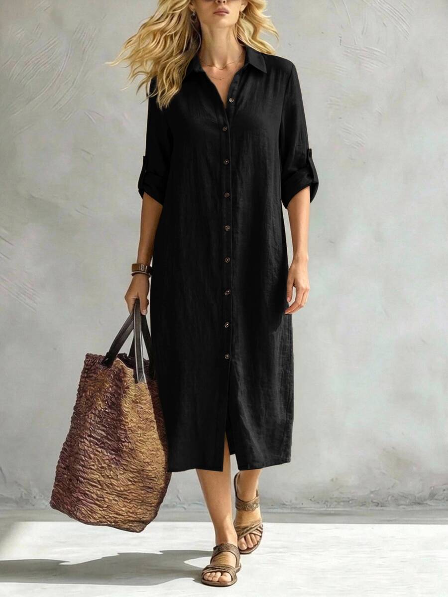 Vestido Saída de Praia Chemise Midi com Botões e Manga Dobrável