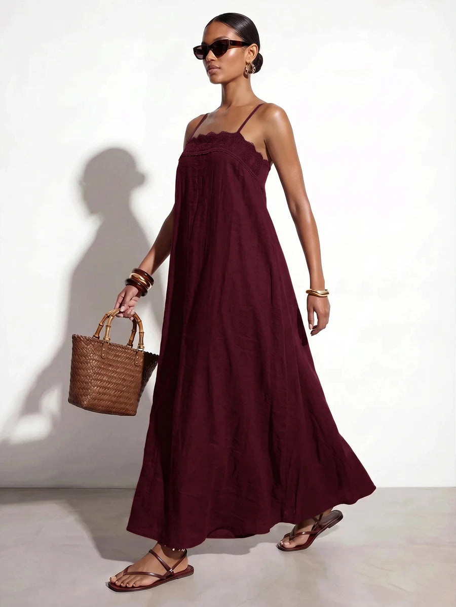 Vestido Longo Solto de Alças Finas com Babado - La Lecce
