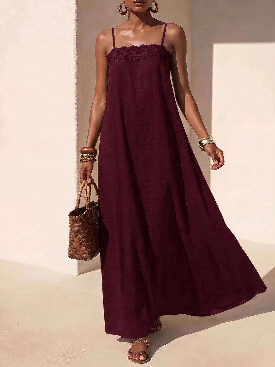 Vestido Longo Solto de Alças Finas com Babado - La Lecce