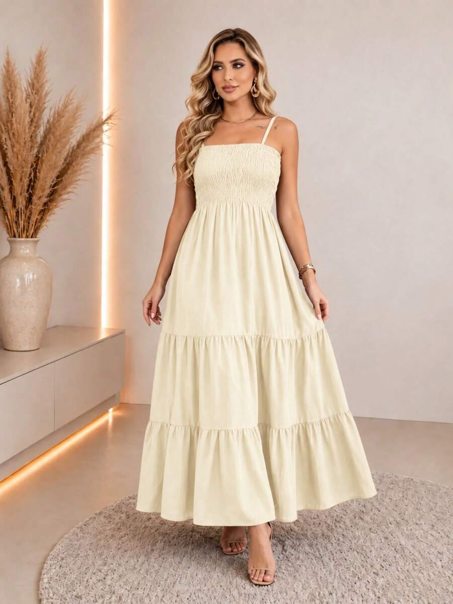 Vestido Longo Boho de Alças com Franzido em Camadas - La Lecce