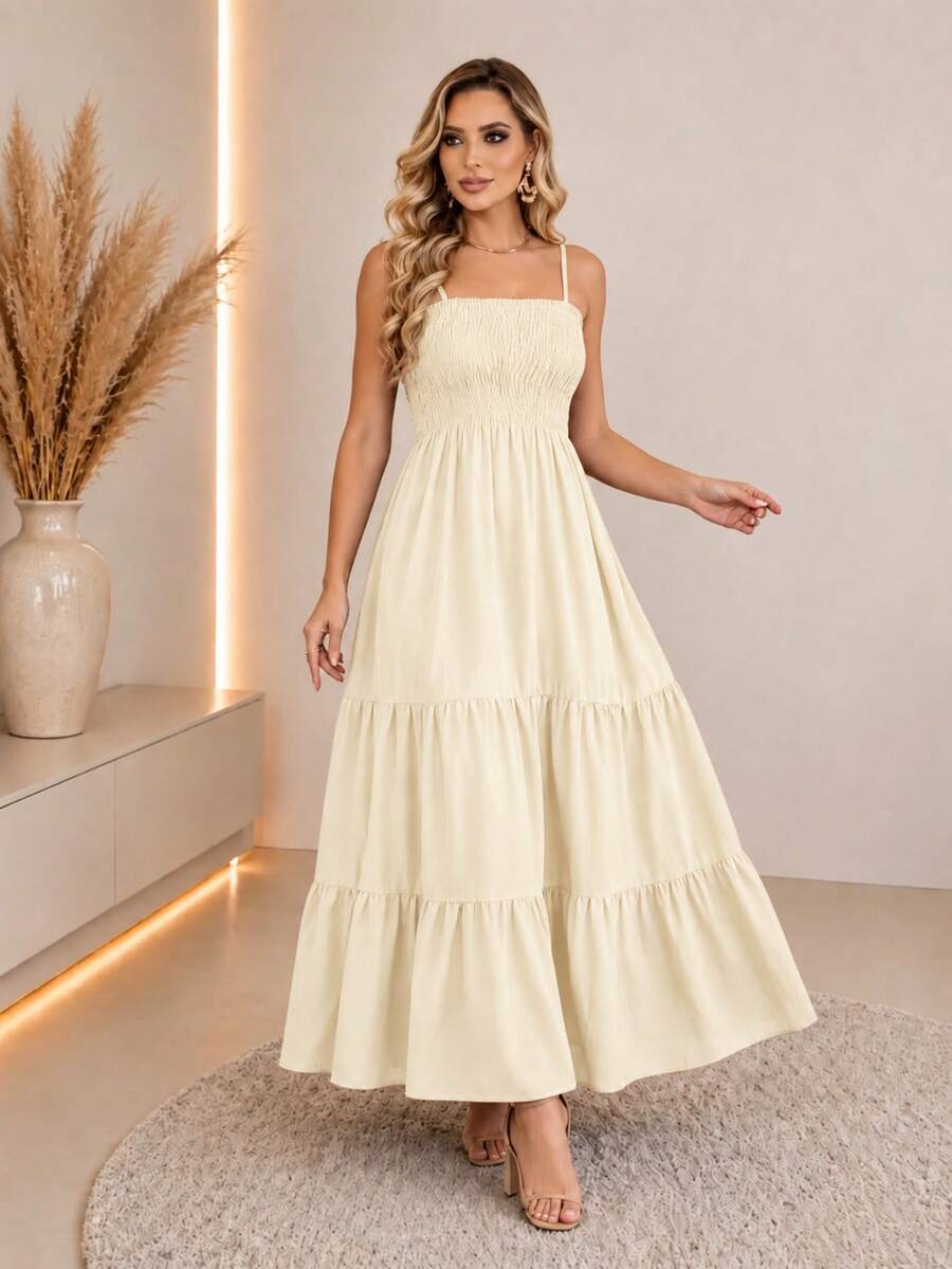 Vestido Longo Boho de Alças com Franzido em Camadas - La Lecce