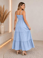 Vestido Longo Boho de Alças com Franzido em Camadas