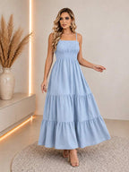 Vestido Longo Boho de Alças com Franzido em Camadas