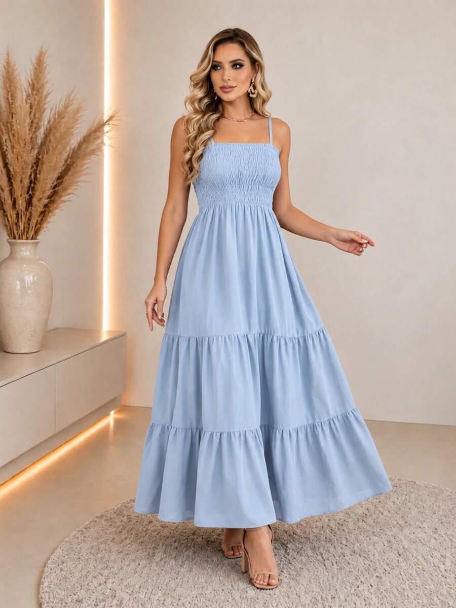 Vestido Longo Boho de Alças com Franzido em Camadas