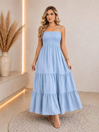 Vestido Longo Boho de Alças com Franzido em Camadas