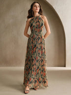 Vestido Longo Floral Frente Única com Cinto - La Lecce