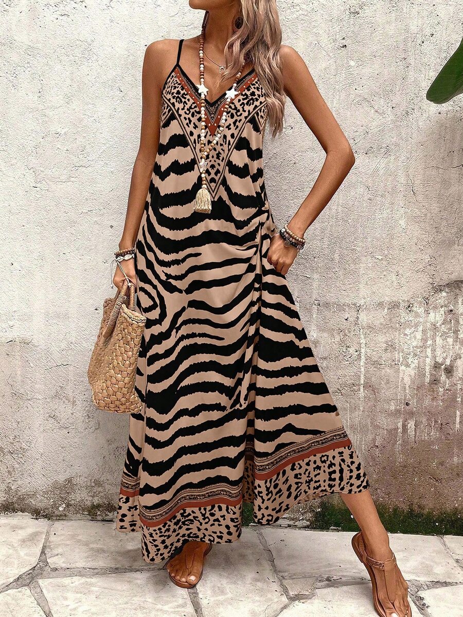 Vestido Longo Estampa de Onça com Alças Finas - La Lecce