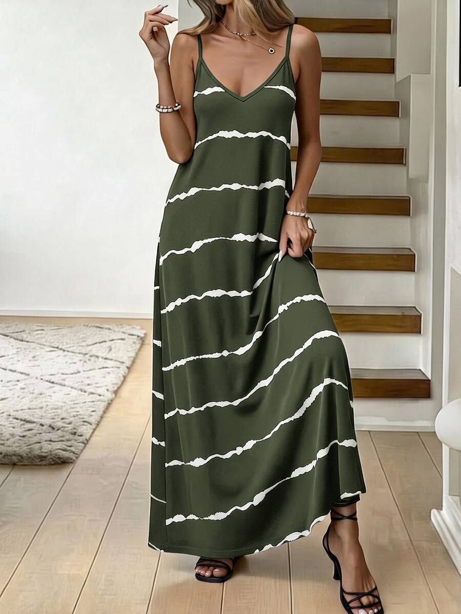 Vestido Longo de Malha com Estampa de Folhas de Coqueiro