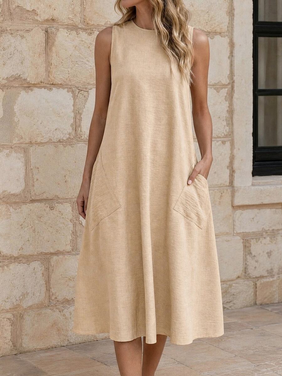 Vestido Midi Sem Mangas com Gola Redonda e Bolsos - La Lecce