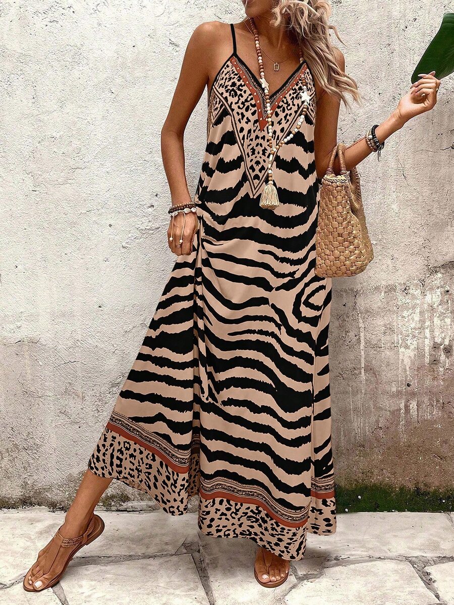 Vestido Longo Estampa de Onça com Alças Finas - La Lecce